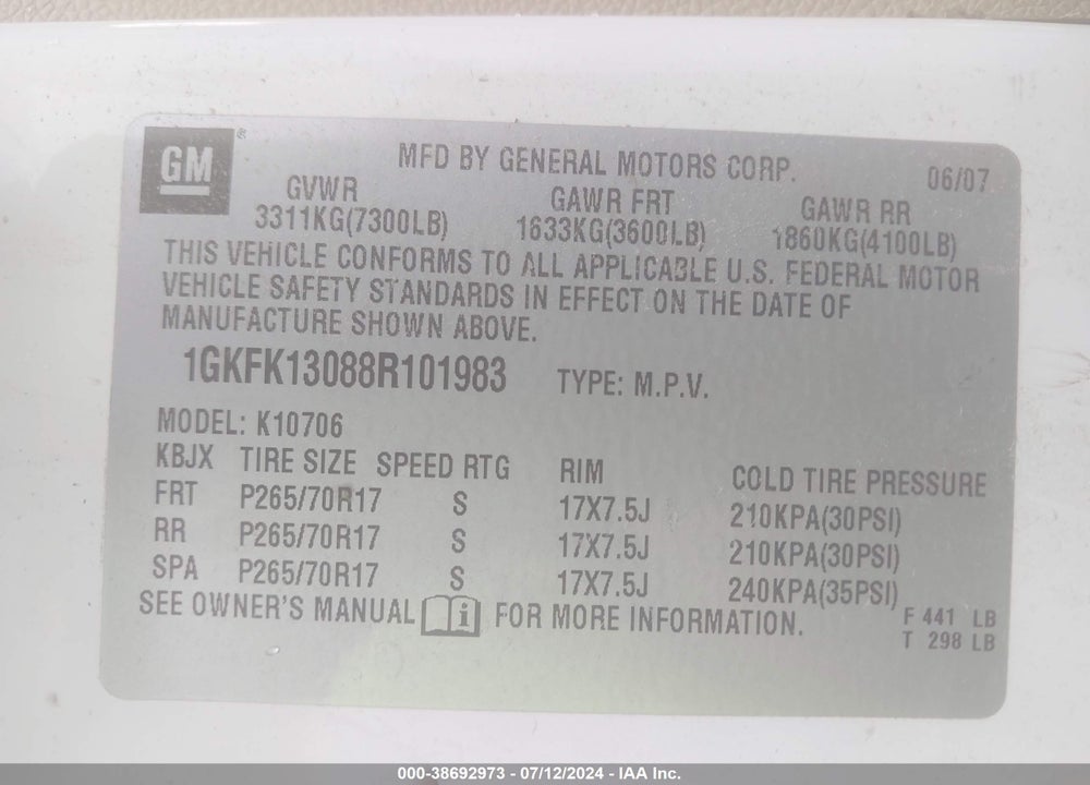 2008 GMC YUKON SLT VIN: 1GKFK13088R101983