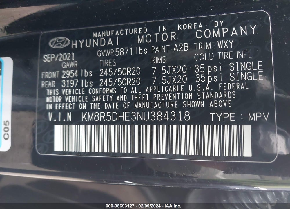 2022 HYUNDAI PALISADE LIMITED VIN: KM8R5DHE3NU384318