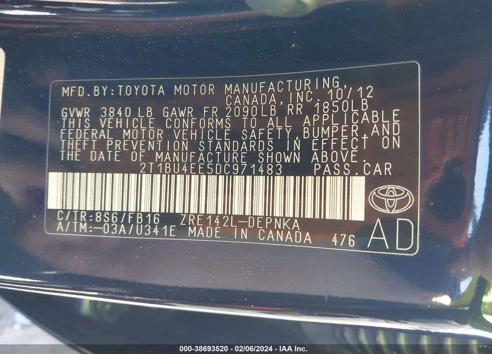 2013 TOYOTA COROLLA LE VIN: 2T1BU4EE5DC971483