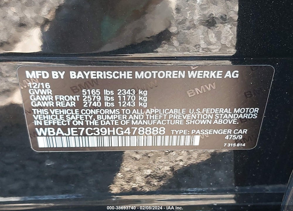 2017 BMW 540I VIN: WBAJE7C39HG478888