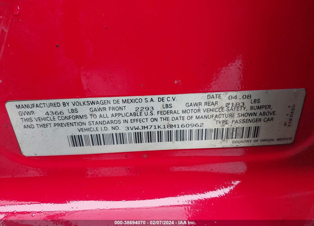 2008 VOLKSWAGEN JETTA VIN: 3VWJM71K18M160962