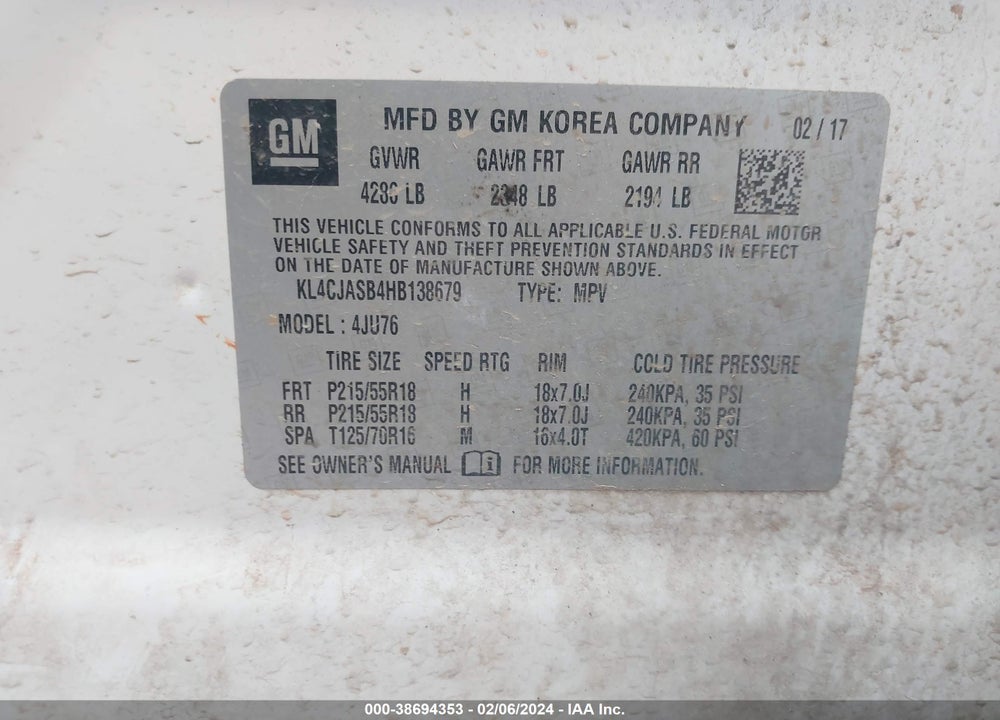 2017 BUICK ENCORE PREFERRED VIN: KL4CJASB4HB138679