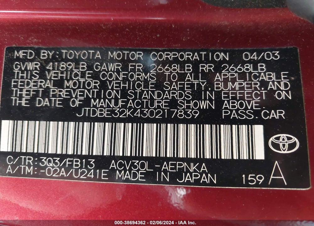2003 TOYOTA CAMRY LE VIN: JTDBE32K430217839