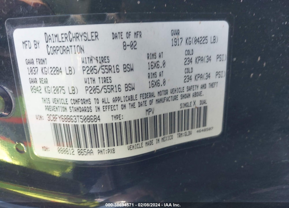 2003 CHRYSLER PT CRUISER LIMITED VIN: 3C8FY68B63T508684
