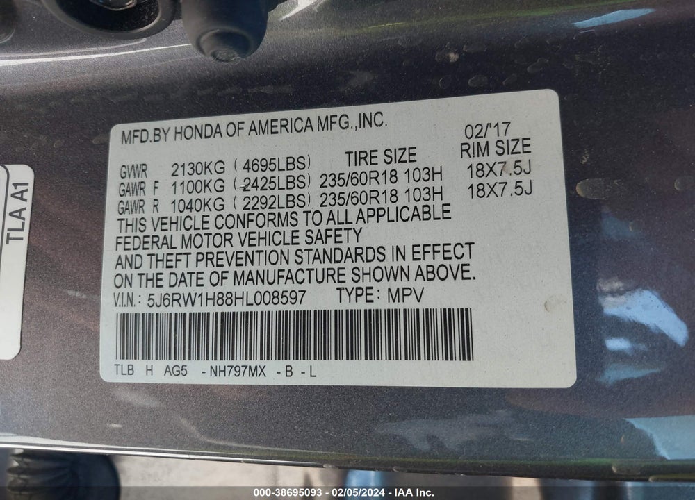 2017 HONDA CR-V EX-L/EX-L NAVI VIN: 5J6RW1H88HL008597