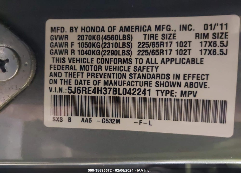 2011 HONDA CR-V LX VIN: 5J6RE4H37BL042241