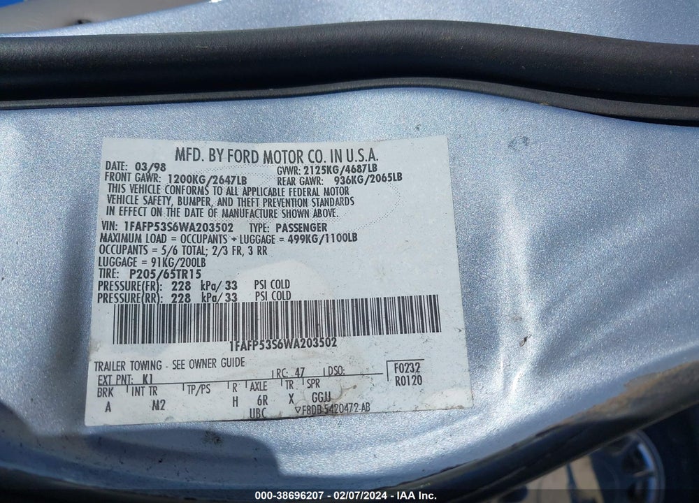 1998 FORD TAURUS SE COMFORT VIN: 1FAFP53S6WA203502
