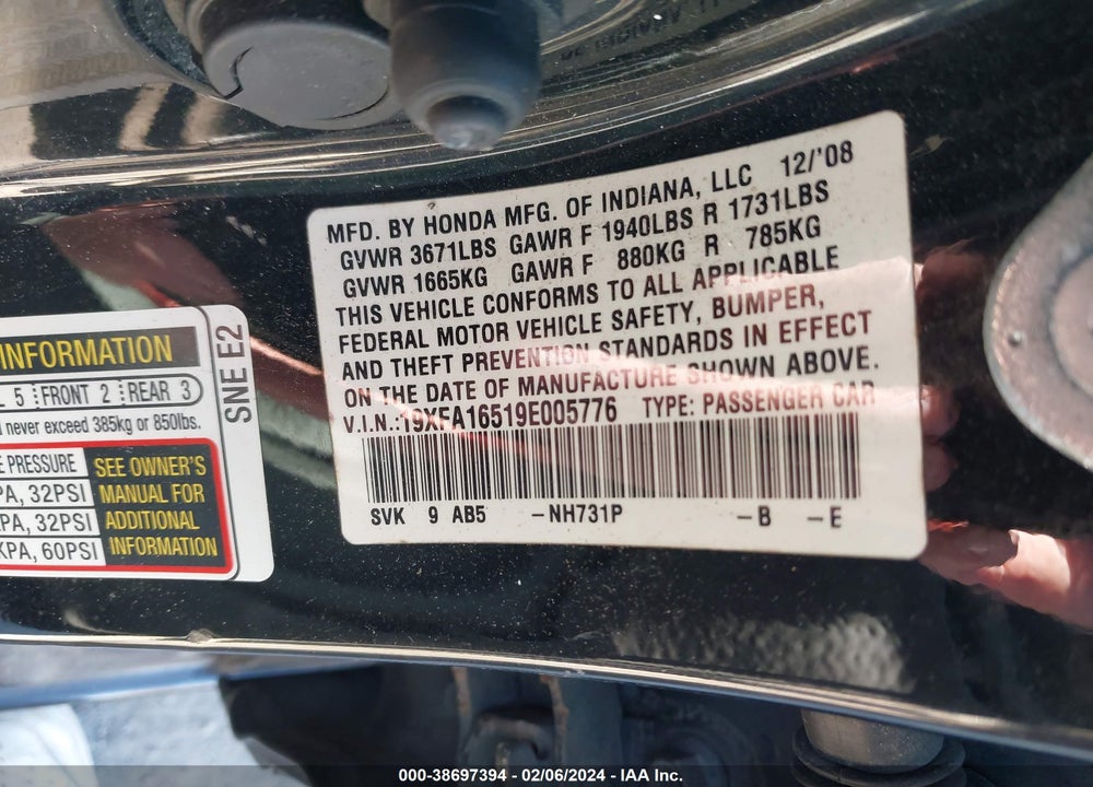 2009 HONDA CIVIC LX VIN: 19XFA16519E005776
