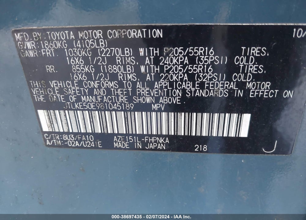 2008 SCION XB VIN: JTLKE50E981045189