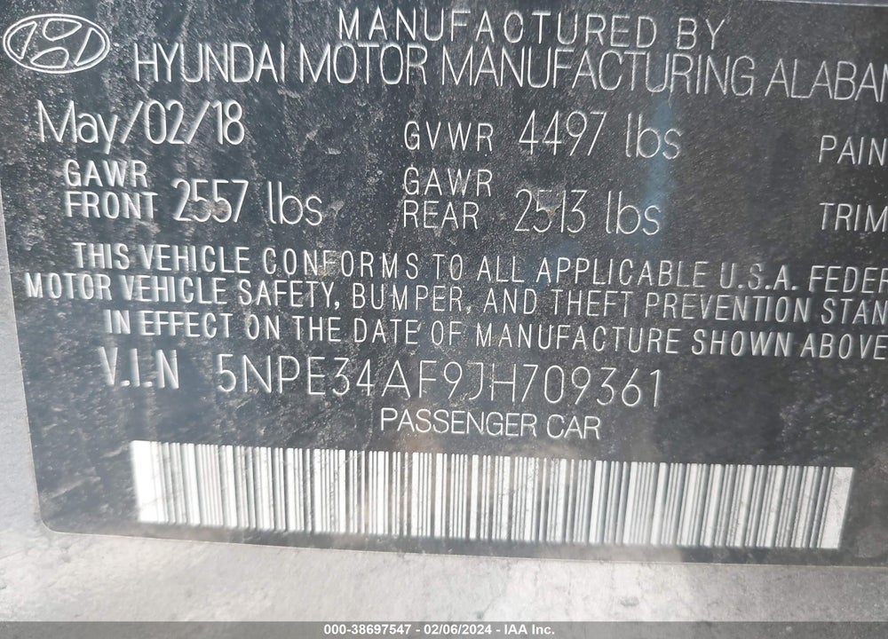 2018 HYUNDAI SONATA VIN: 5NPE34AF9JH709361