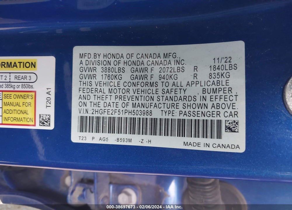 2023 HONDA CIVIC SPORT VIN: 2HGFE2F51PH503988