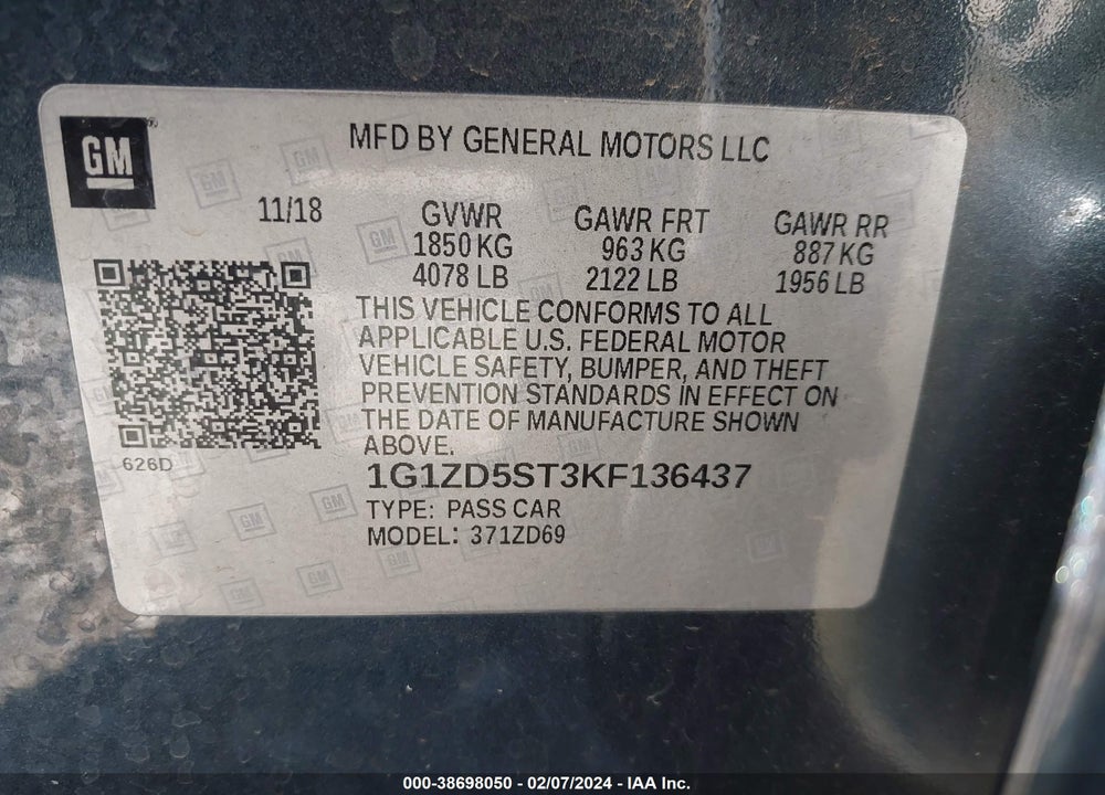 2019 CHEVROLET MALIBU LT VIN: 1G1ZD5ST3KF136437