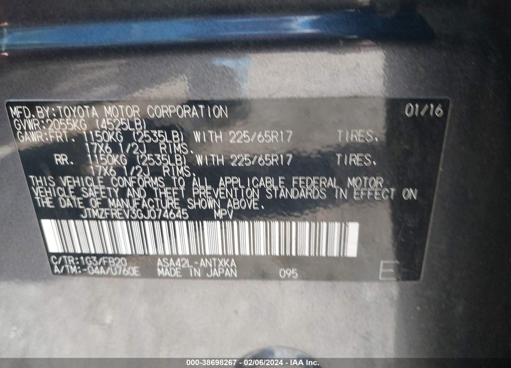 2016 TOYOTA RAV4 LE VIN: JTMZFREV3GJ074645