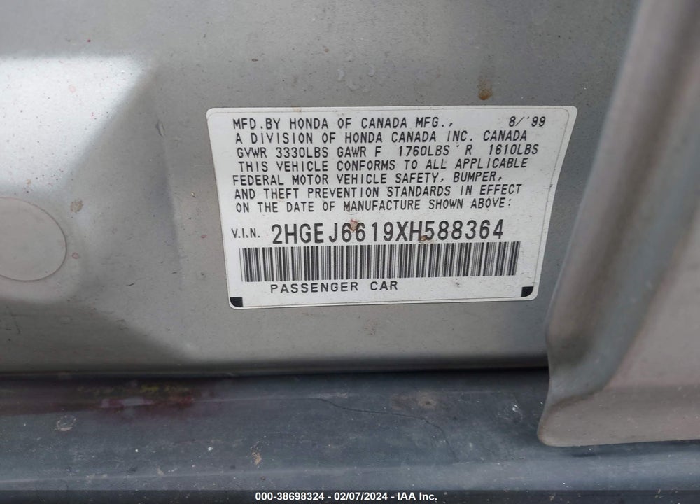 1999 HONDA CIVIC VALUE PACKAGE VIN: 2HGEJ6619XH588364