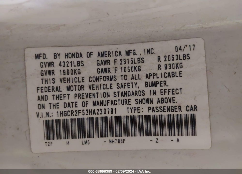 2017 HONDA ACCORD SPORT VIN: 1HGCR2F53HA220791