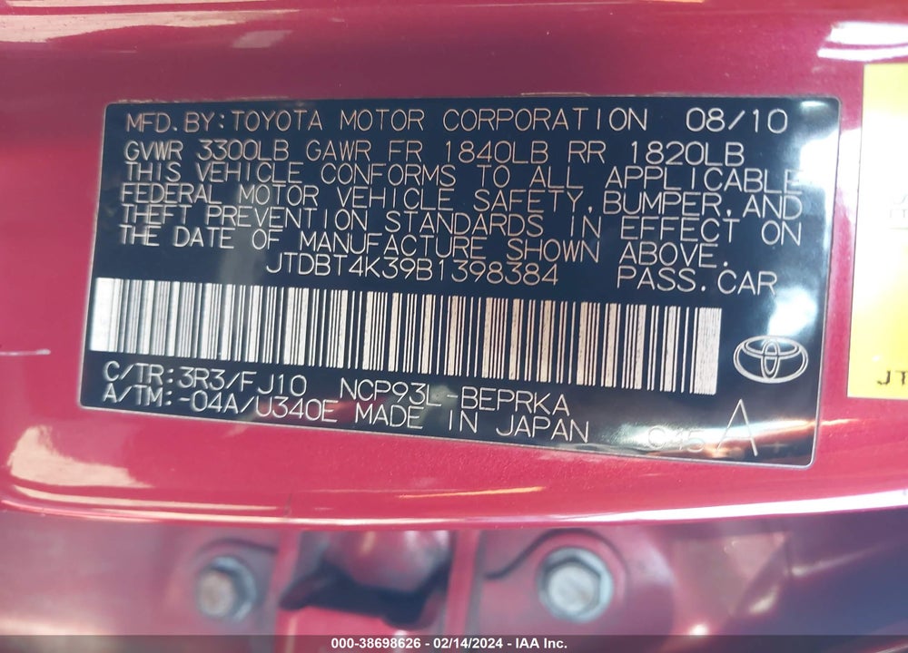 2011 TOYOTA YARIS VIN: JTDBT4K39B1398384