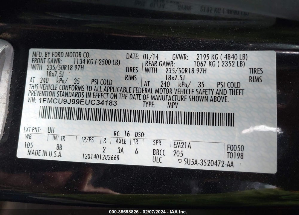 2014 FORD ESCAPE TITANIUM VIN: 1FMCU9J99EUC34183