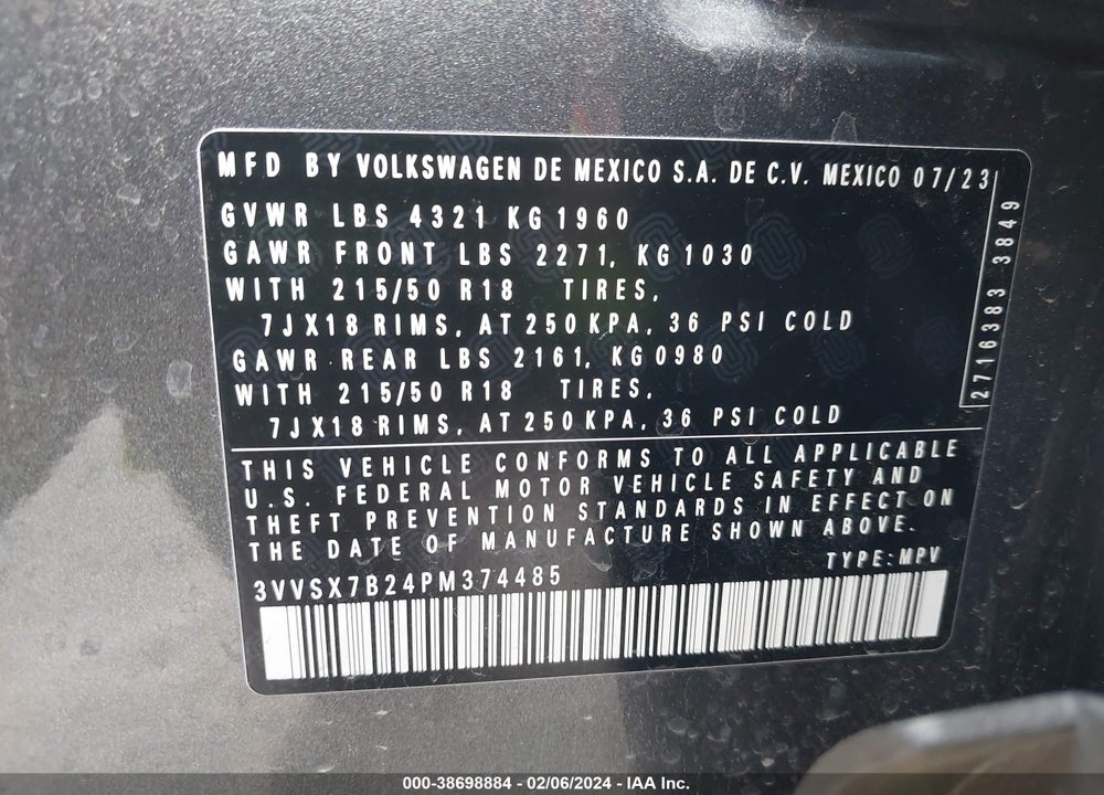 2023 VOLKSWAGEN TAOS 1.5T SE VIN: 3VVSX7B24PM374485