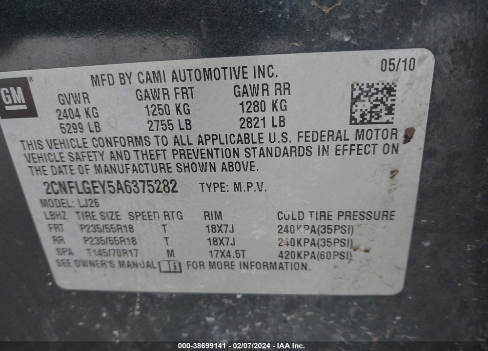 2010 CHEVROLET EQUINOX LTZ VIN: 2CNFLGEY5A6375282
