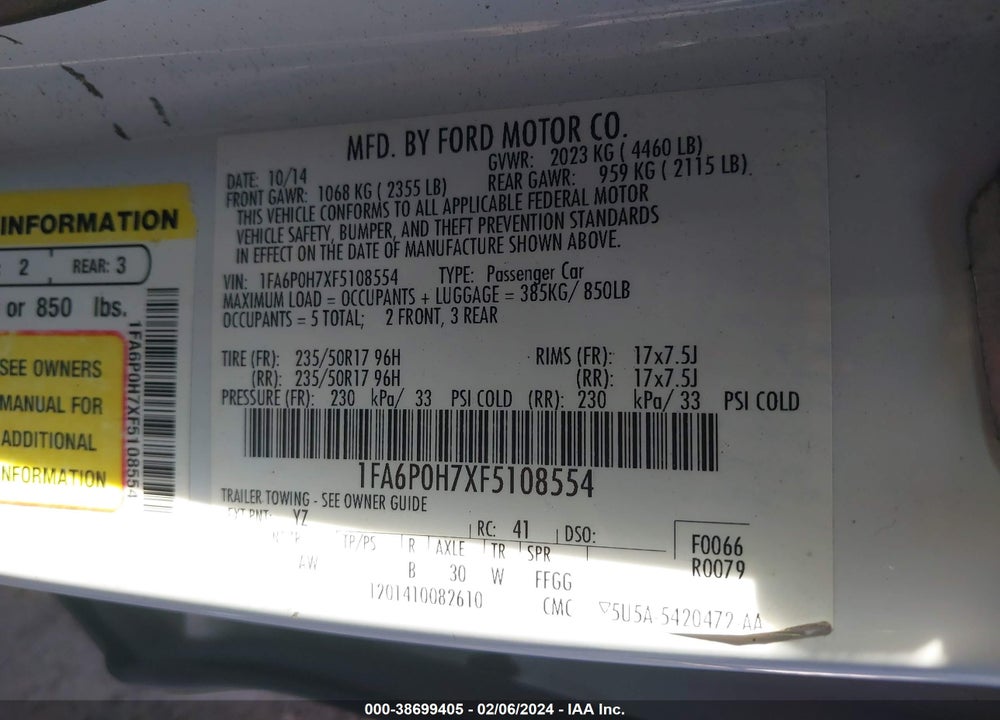 2015 FORD FUSION SE VIN: 1FA6P0H7XF5108554