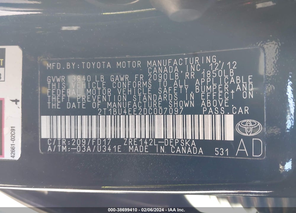 2013 TOYOTA COROLLA S VIN: 2T1BU4EE2DC007097