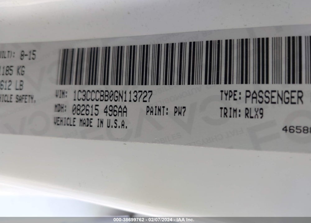 2016 CHRYSLER 200 S VIN: 1C3CCCBB0GN113727
