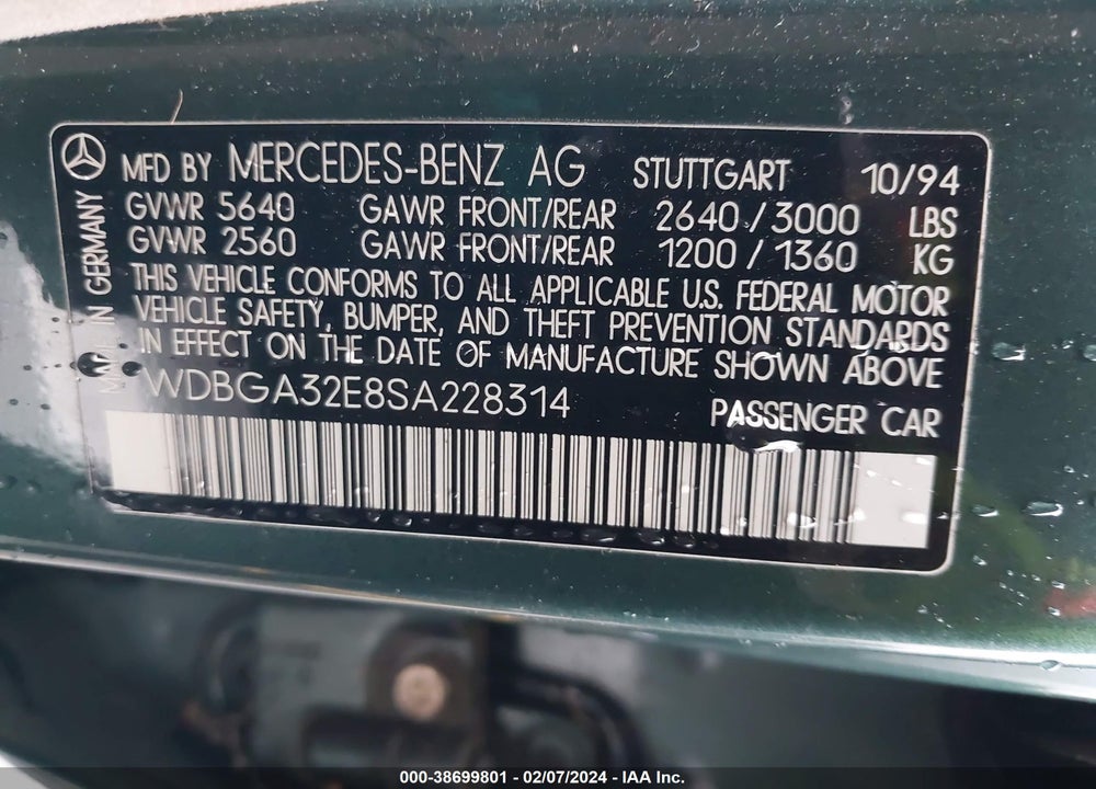 1995 MERCEDES-BENZ S 320W VIN: WDBGA32E8SA228314
