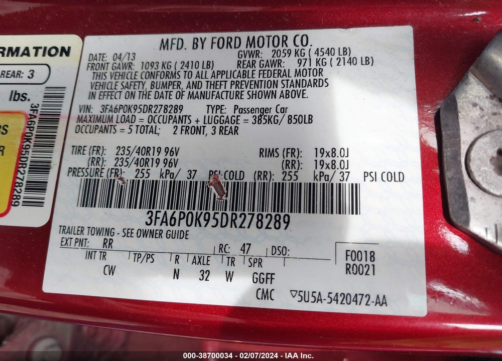2013 FORD FUSION TITANIUM VIN: 3FA6P0K95DR278289