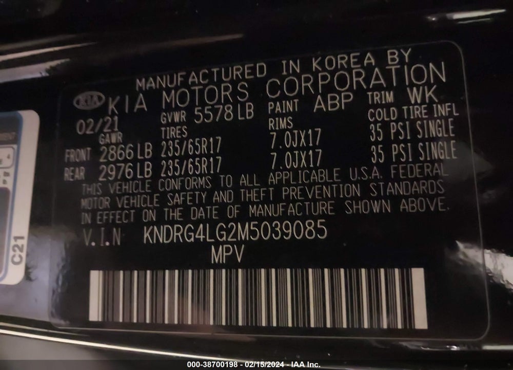 2021 KIA SORENTO HYBRID S VIN: KNDRG4LG2M5039085