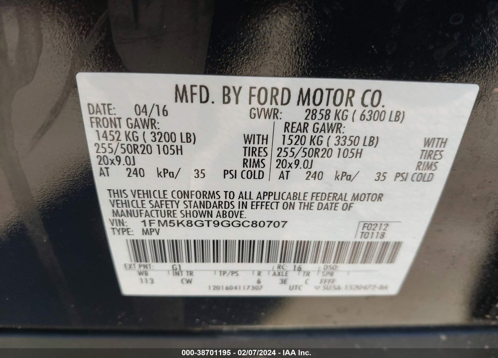 2016 FORD EXPLORER SPORT VIN: 1FM5K8GT9GGC80707