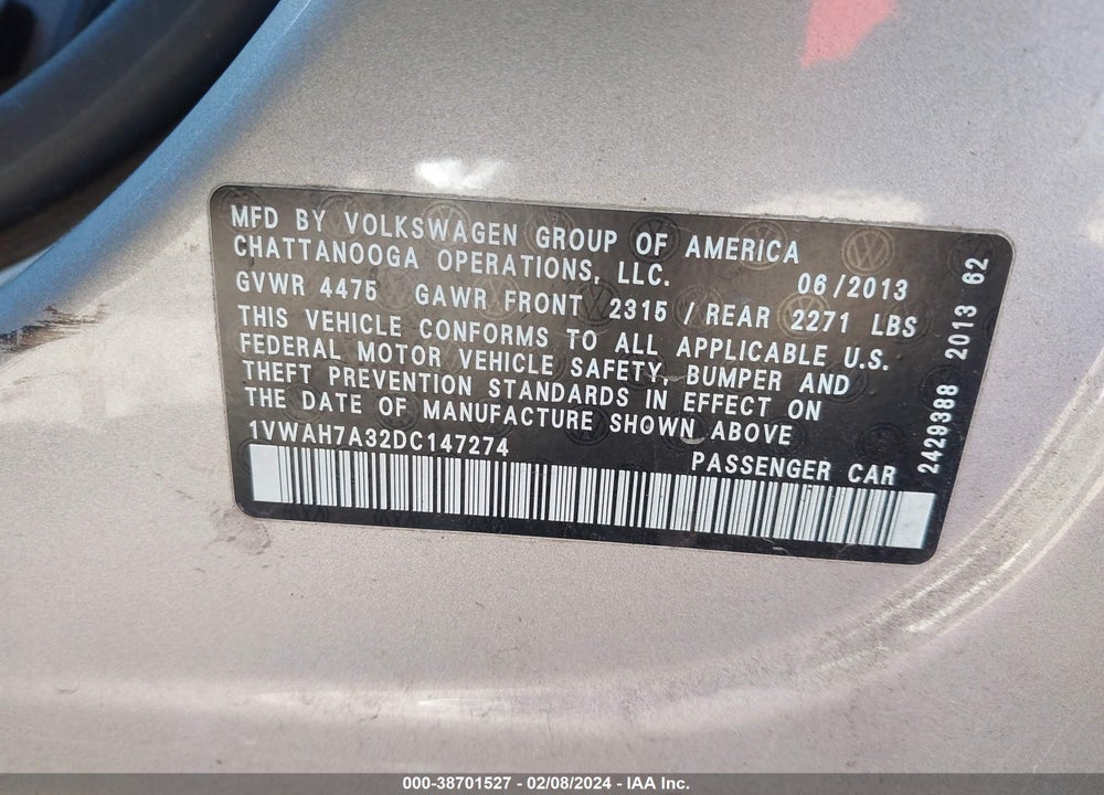 2013 VOLKSWAGEN PASSAT VIN: 1VWAH7A32DC147274