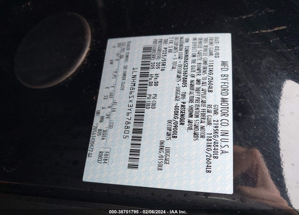 2003 LINCOLN LS PREMIUM VIN: 1LNHM86SX3Y678805