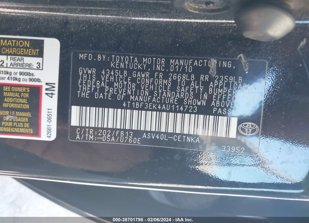 2010 TOYOTA CAMRY LE VIN: 4T1BF3EK4AU114723