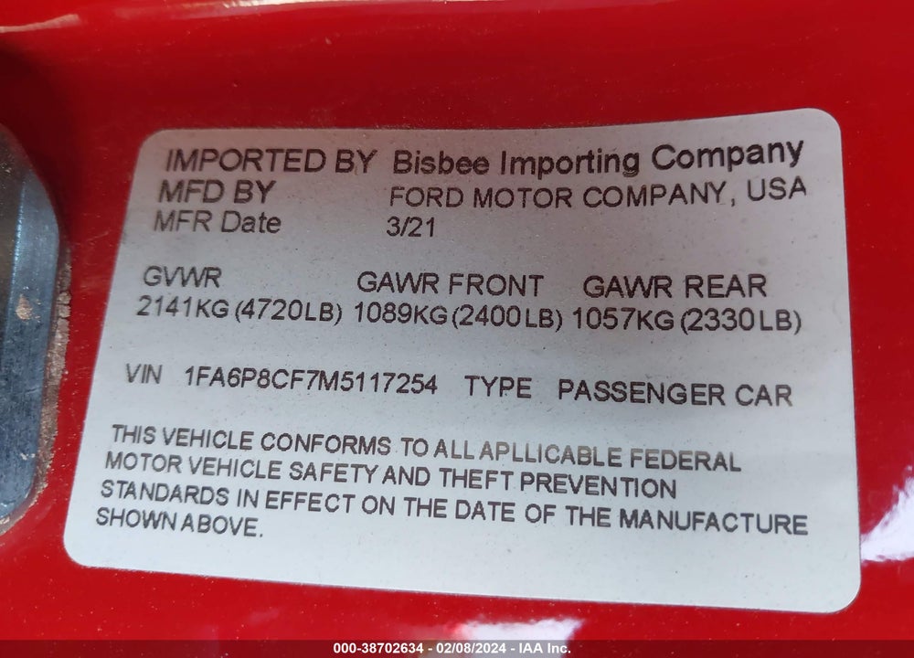 2021 FORD MUSTANG GT PREMIUM VIN: 1FA6P8CF7M5117254