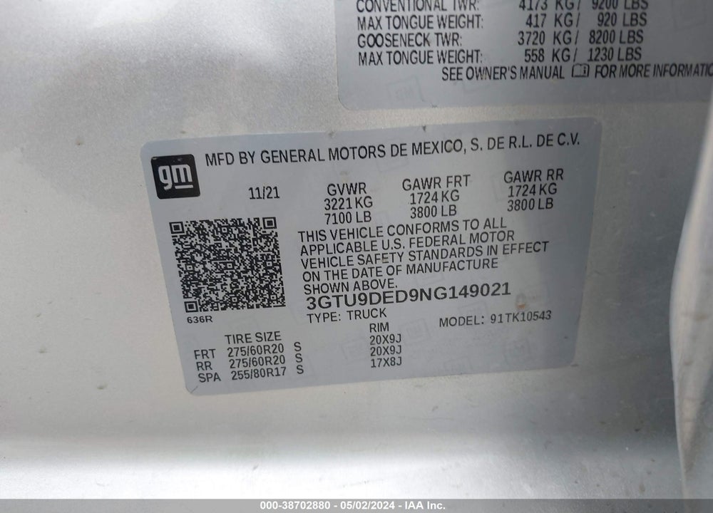 2022 GMC SIERRA 1500 LIMITED 4WD SHORT BOX SLT VIN: 3GTU9DED9NG149021