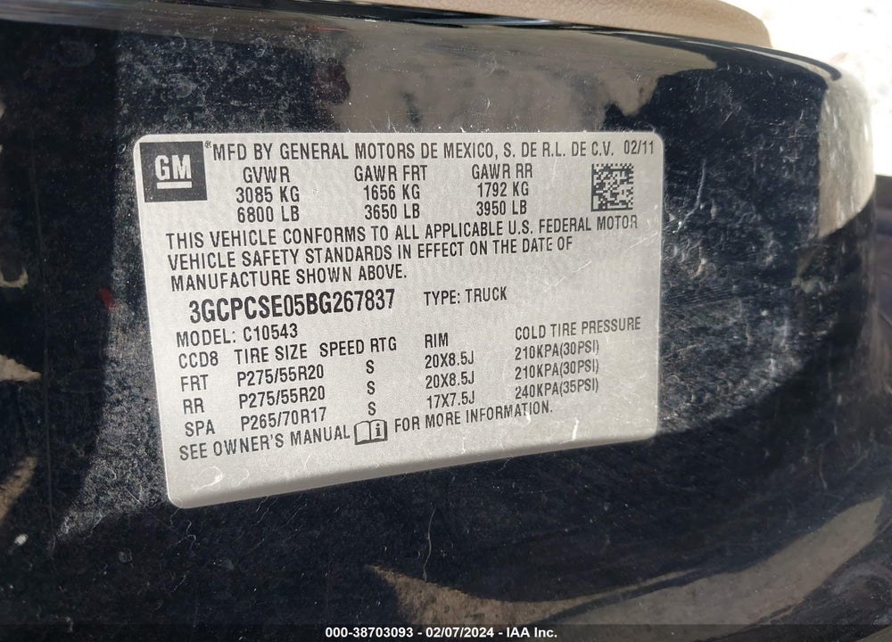 2011 CHEVROLET SILVERADO 1500 VIN: 3GCPCSE05BG267837