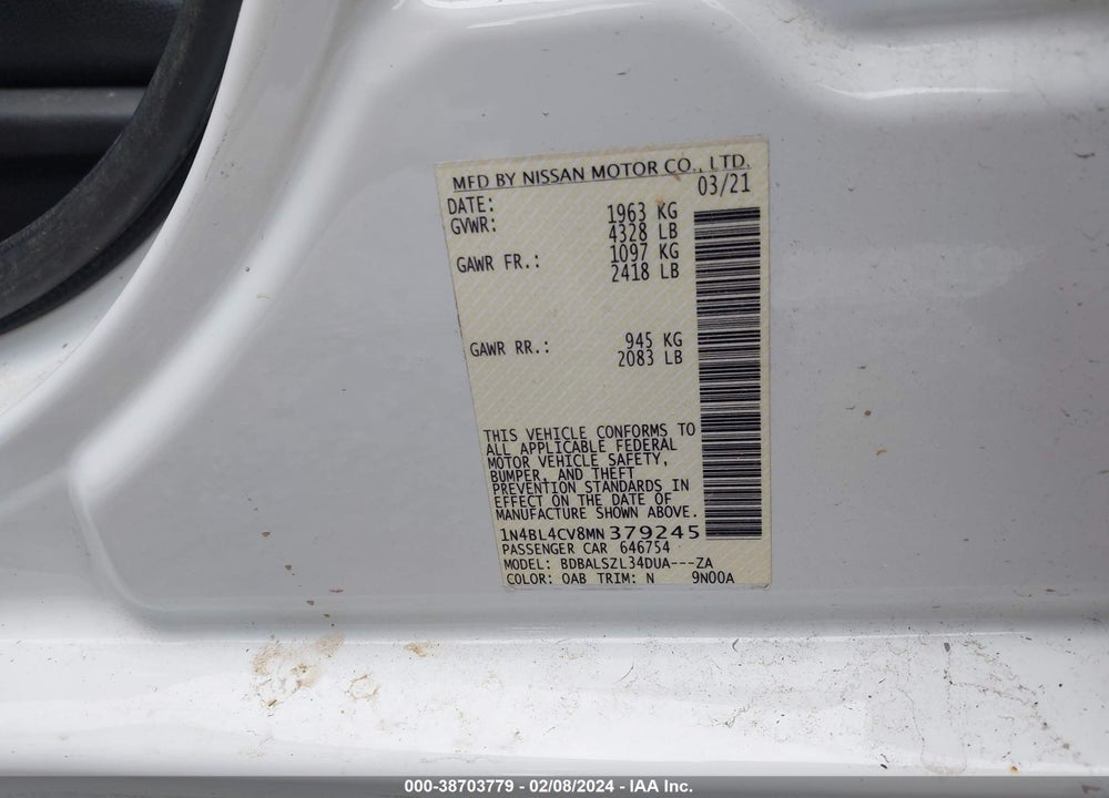 2021 NISSAN ALTIMA SR FWD VIN: 1N4BL4CV8MN379245