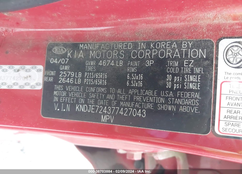 2007 KIA SPORTAGE LX VIN: KNDJE724377427043