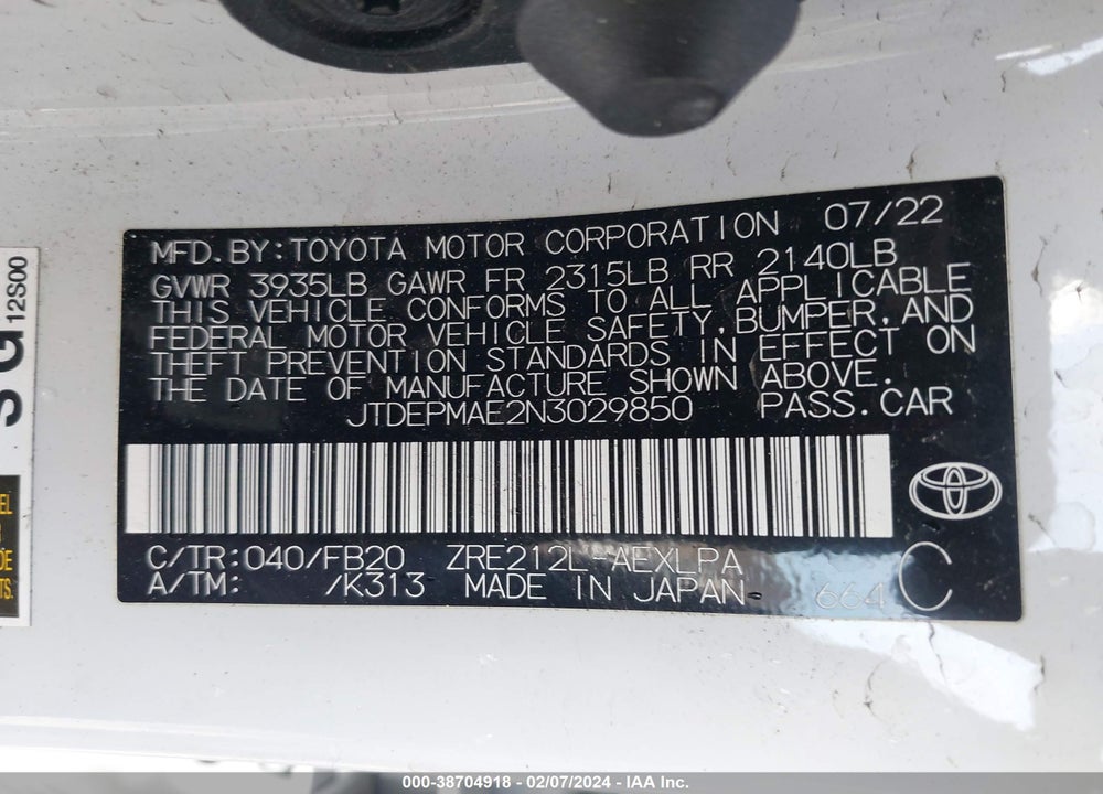 2022 TOYOTA COROLLA VIN: JTDEPMAE2N3029850