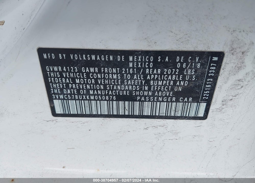 2019 VOLKSWAGEN JETTA 1.4T R-LINE/1.4T S/1.4T SE VIN: 3VWC57BUXKM050876