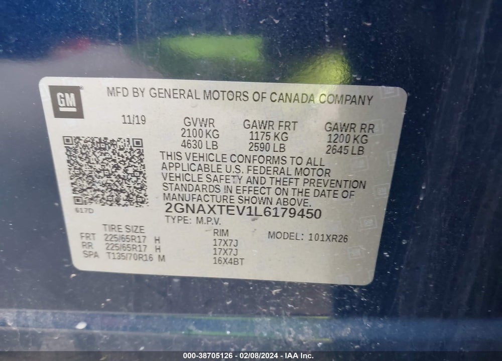 2020 CHEVROLET EQUINOX AWD 2FL VIN: 2GNAXTEV1L6179450