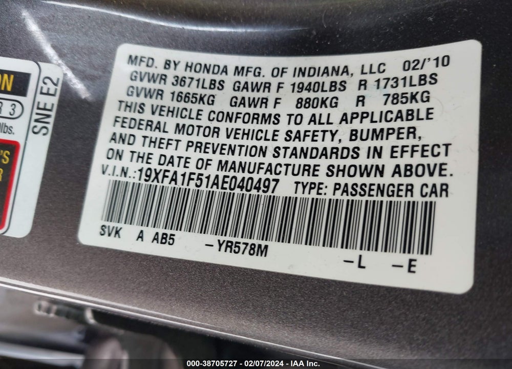 2010 HONDA CIVIC LX VIN: 19XFA1F51AE040497