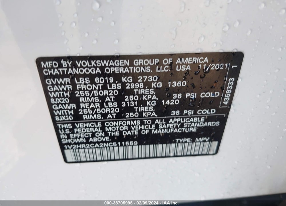 2022 VOLKSWAGEN ATLAS 3.6L V6 SE W/TECHNOLOGY VIN: 1V2HR2CA2NC511559