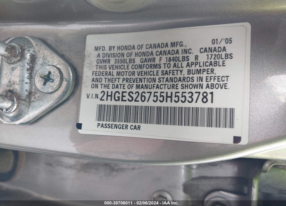 2005 HONDA CIVIC EX VIN: 2HGES26755H553781