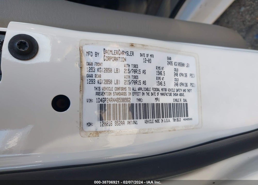 2004 DODGE GRAND CARAVAN SE VIN: 1D4GP24R44B598962
