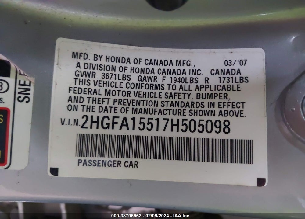 2007 HONDA CIVIC VIN: 2HGFA15517H505098