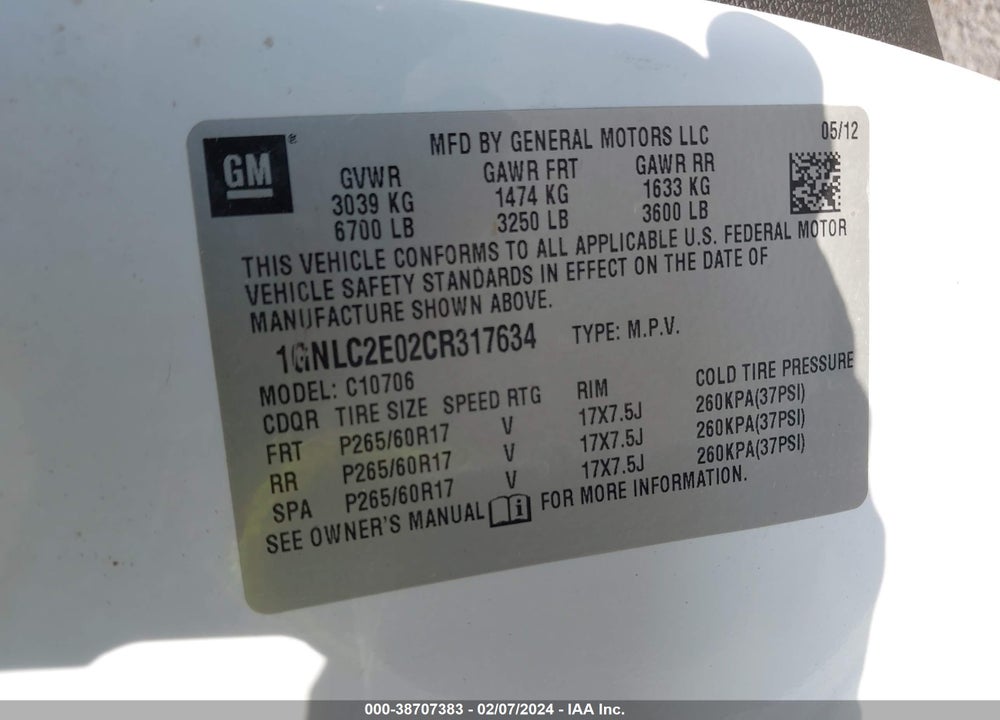 2012 CHEVROLET TAHOE COMMERCIAL FLEET VIN: 1GNLC2E02CR317634