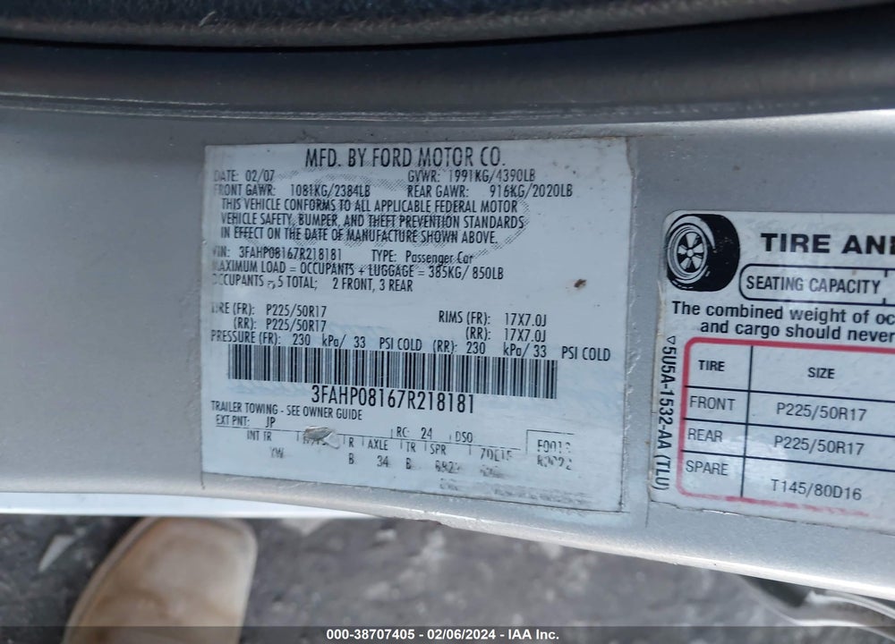 2007 FORD FUSION SEL VIN: 3FAHP08167R218181