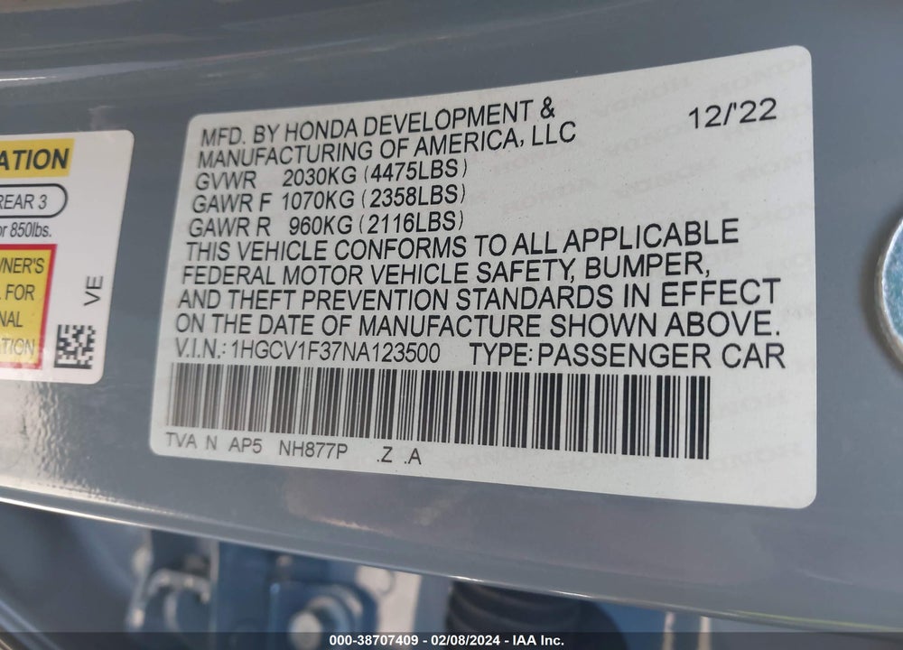 2022 HONDA ACCORD SPORT VIN: 1HGCV1F37NA123500