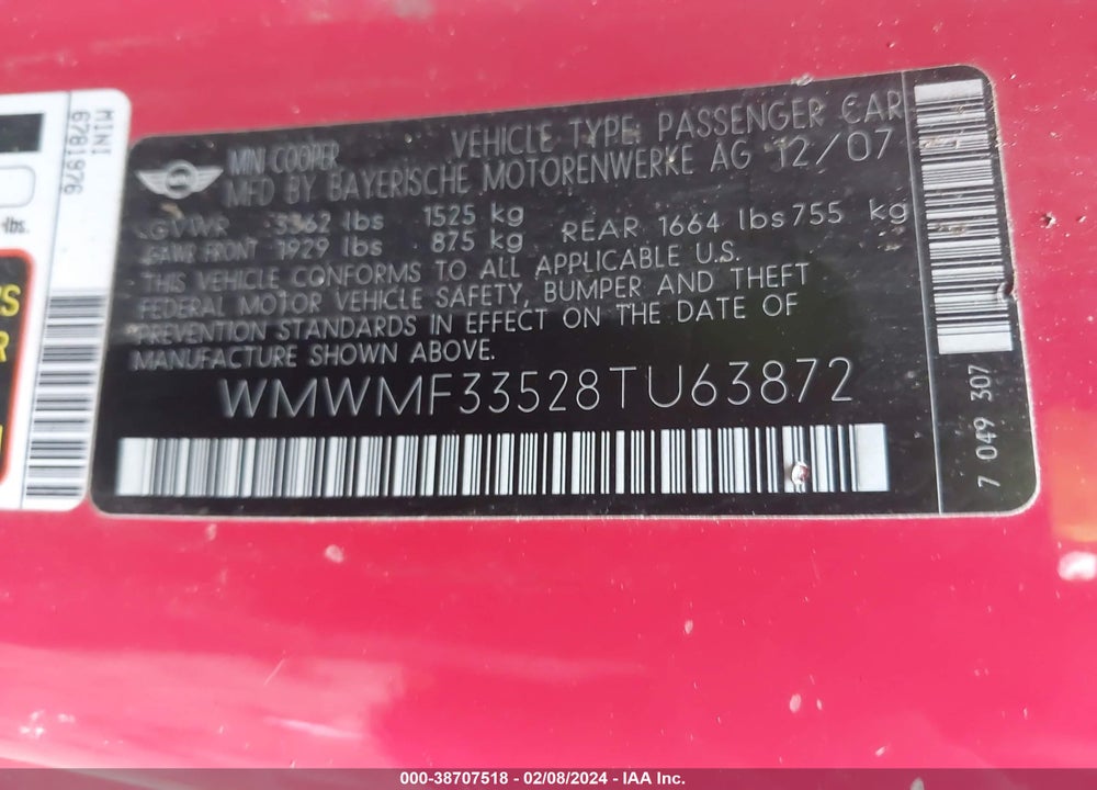 2008 MINI COOPER VIN: WMWMF33528TU63872